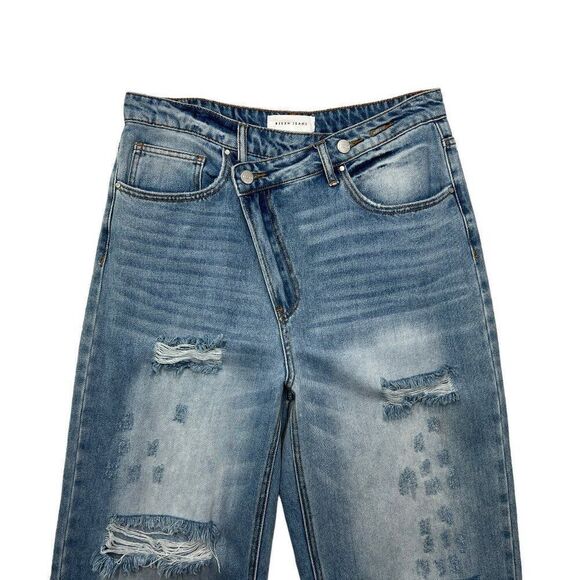 Risen Jeans Women's Cross‎ Over Distressed High Waist Straight Leg Jeans - Picture 3 of 10